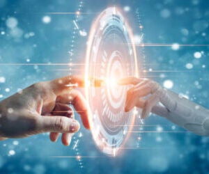 Hands of robot and human touching on big data network connection, Science and artificial intelligence technology, innovation and futuristic, AI, Machine learning.