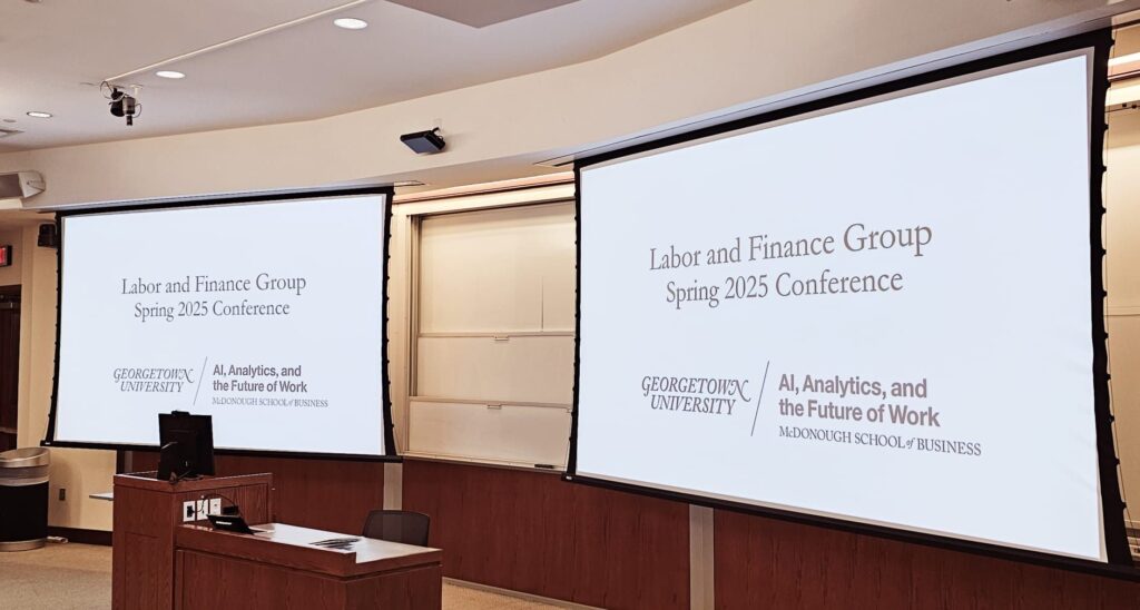 slide showing the Labor and Finance Group Conference on April 11 and 12 at Georgetown University